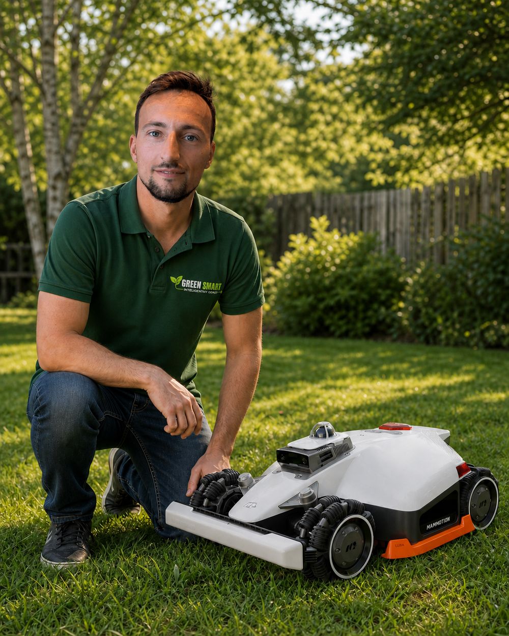 Doradca Green Smart prezentuje robota koszącego w ogrodzie klienta