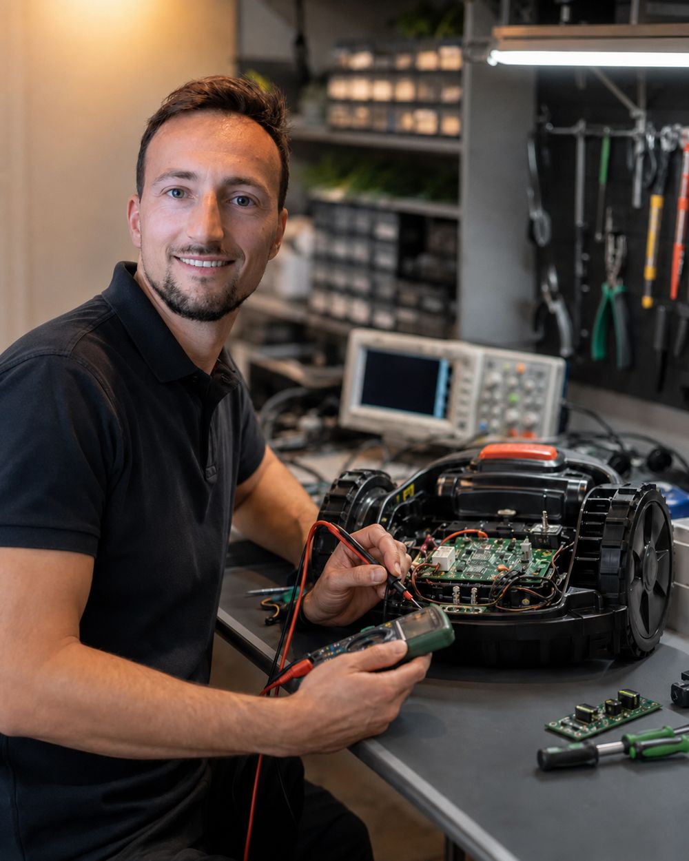 Technik Green Smart diagnozuje robota koszącego w warsztacie serwisowym