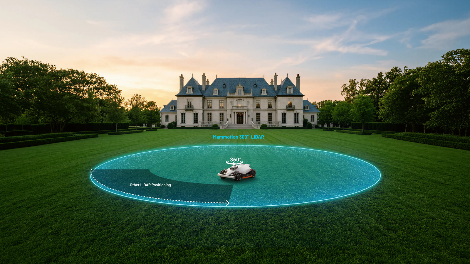 Wizualizacja zasięgu LiDAR 360° robota Mammotion LUBA 3 na trawniku przed rezydencją